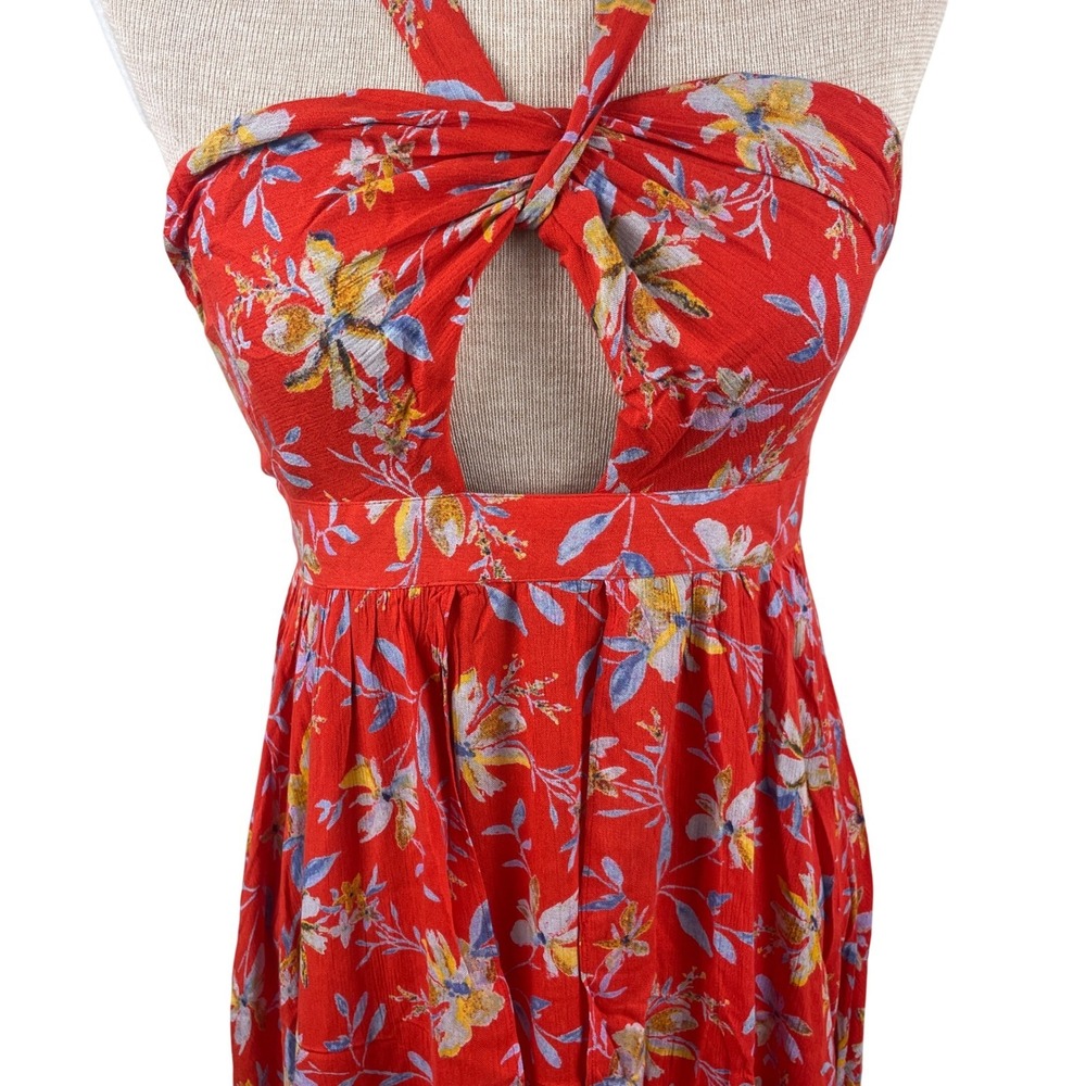 Kimchi Blue Red Floral Halter Maxi Dress Keyhole Cutout Slit Size 0 NWT - Picture 3 of 12